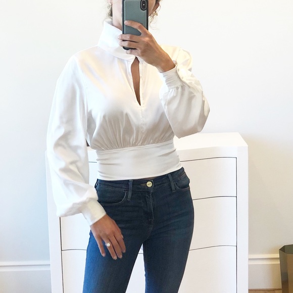 MILAN White Cropped Keyhole Mock Tie Blouse - Picture 5 of 10